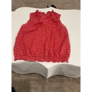 Gap Womens Pink Red Ikat Print Ruffle Neck Smocked Hem Cotton Blouse Large